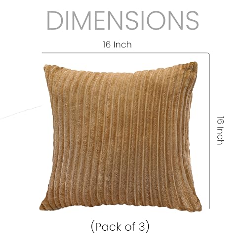 Image of Yellow Weaves Pencil-Stripe Fur Cushion Covers | Soft Polyester | Decorative Sofa & Throw Pillow Covers | 16x16 Inches, Pack of 3 (Coffee & Golden Brown)