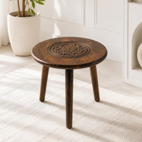 Image of WOOYNEX Wooden Table, Three Legs, Round Coffee & Side Table, Burnt-d | Modern, For Small Spaces with Pillar, Wood Books, Magazines, and Plant Stand, For Living Room, Entryway Table