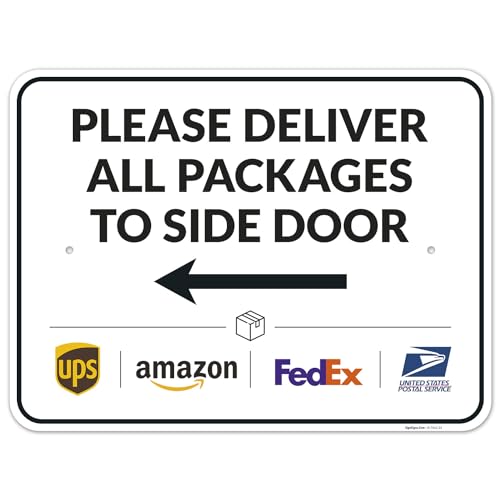 Image of Package Delivery Sign, Delivery Instructions Deliver All Package to Side Door Left Arrow Sign, 18x24 Inches, Rust Free .063 Aluminum, Fade Resistant, Made in USA by Sigo Signs