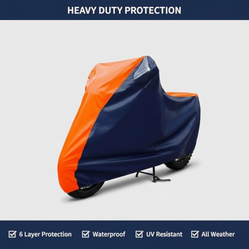 Image of 6X6 Heavy Duty Bike Cover for Splendor Plus, Dual Tone Orange & Blue, All-Weather Protection, Waterproof, UV Resistant, Dustproof, Durable Outdoor Motorcycle Body Covers for Daily Use