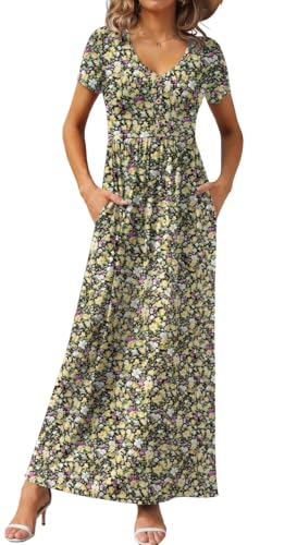 Image of GRECERELLE Womens Summer Long Maxi Dresses 2026 Short Sleeve V Neck Casual Button Dress with Pockets