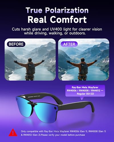 Image of 4-Pack Polarized Clip-On Lenses Compatible with Ray-Ban Meta Wayfarer Regular (RW4008 /4006 RW4012 50-22), Anti-Glare UV400 Smart Glasses Accessories, Black Brown Blue Silver