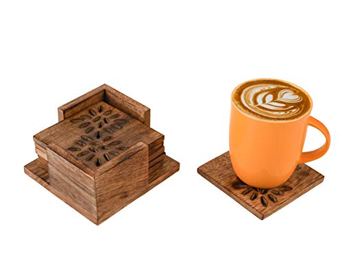 Mie Creations Wooden Drink Coasters Set of 6  Honeycomb Coasters with Square Holder  Handmade Coaster Sets with Holder  Unique Coasters for Drinks