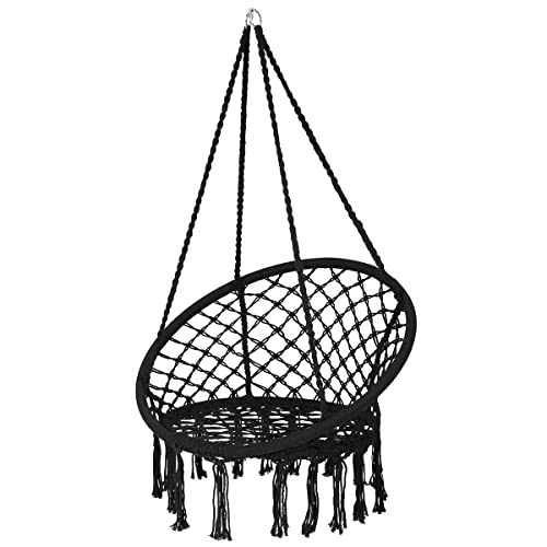 Tangkula Hanging Hammock Chair, Macrame Swing Chair with Tassels and Heavy-duty Hanging Rings, Bohemian Style Handmade Cotton Rope Swing for Indoor Outdoor, Ideal for Bedroom, Patio, Yard, Garden