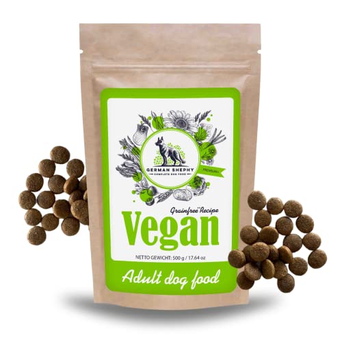 German Shephy Vegan Dog Food | 500g | Veganes Hunde Trockenfutter | Hypoallergenes Hundefutter trocken getreidefrei, im Sack für Junghunde, Erwachsene & Senior, sowie Allergiker