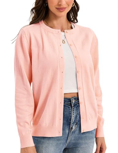 Image of Womens Cardigan Sweaters Basic Button Down Casual Dressy Classic Crewneck Long Sleeve Spring Outfits (S-2XL)