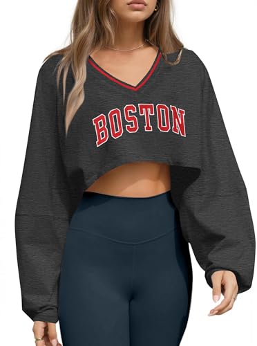 Remidoo Women's Embroidery Graphic Cropped Sweatshirt V Neck Loose Long Sleeve Crop Top Grey Medium