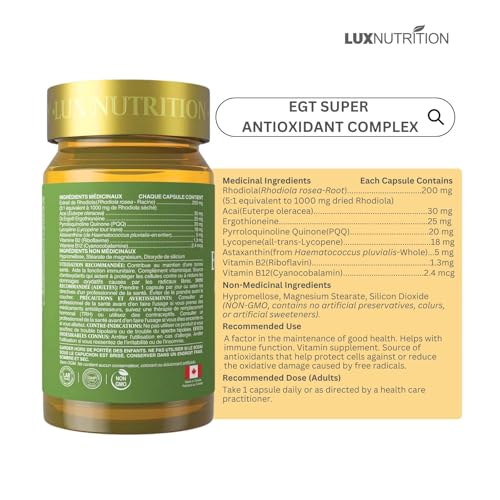 LUXNUTRITION L-Ergothioneine Super Antioxidant Complex | 5:1 Concentration Rhodiola with 5% Salidroside | Patented 99.9% 25mg Ergothioneine | Supports Cognitive Function, Mitochondria & Anti-UV Protection | 60 Capsules | Made in Canada - Image 3