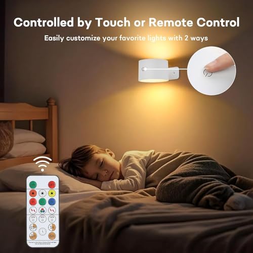 Image of Lightess Battery Operated Wall Sconces Set of 2, Remote Control, Colorful | 19 Colors Dimmable, Rechargeable Light for Bedroom Hallway, Cordless