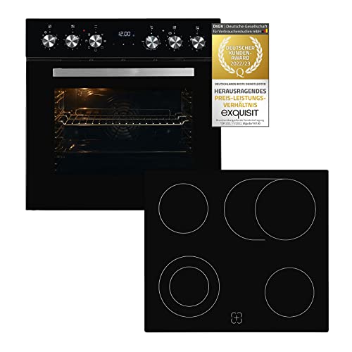Exquisit Juego de cocina EHE157-UBZ-020 negro | 59 L de volumen del horno | eficiencia energética A | temporizador | recirculación | vitrocerámica
