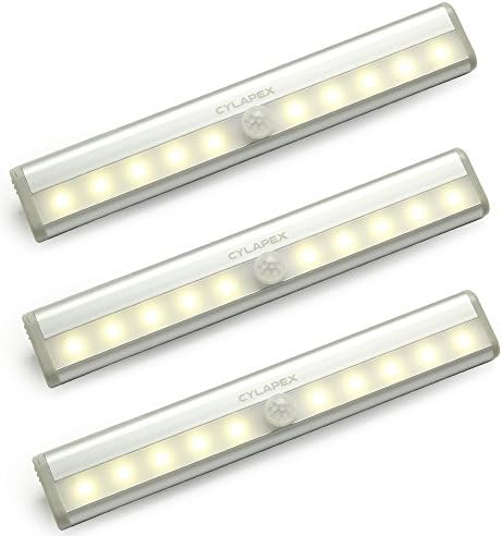CYLAPEX 3 PCS Motion Sensor Closet Light AAA Battery Operated, Stick-on Anywhere Wireless Motion Detection Under Cabinet Lights, Portable 10 LED Night Light Bar for Stairs Hallway Wardrobe Warm White