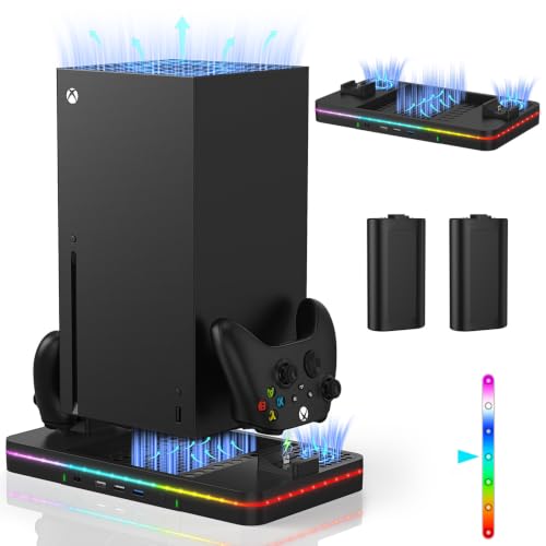 Charging Stand with Cooling Fan, CODOGOY Vertical Stand Compatible with Xbox Series X/S Console&amp;Controller, Dual Controller Charger Station Dock with 3 USB Ports,2*1100 mAh Rechargeable Battery Packs