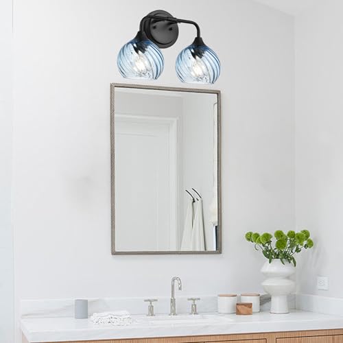 Image of MELUCEE 15 Inch 2 Light Bathroom Wall Lights with Blue Striped Swirl Glass Shade, Black Bathroom Lights Over Mirror Vanity Lighting Fixtures Wall Lamp for Bathroom, Living Room, Hallway