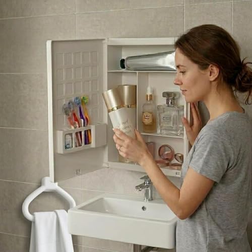 Image of BRANCO New Rich Look Bathroom Cabinet with Mirror | Storage Organiser | Strong Plastic Bathroom Shelves Wall Mounted | Bathroom Accessories| Mirror Cabinet | with Towel Ring | White