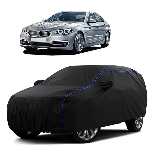 Image of Sulfar 100% Water Resistant Car Body Cover Compatible with Mirror for BMW 525i (Triple Stitched, Full Bottom Elastic, Black Tafetta with Blue Piping)