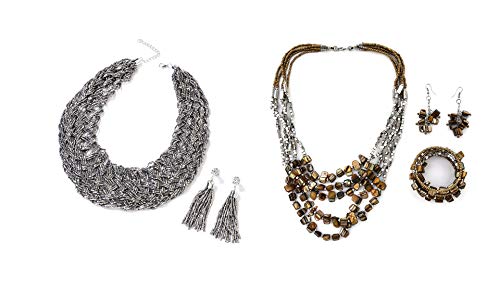 Silver Tube Seed Bead Tassel Earrings Braided Statement Bib Necklace Set Handmade Coastal Wrap Bracelet Multi Strand Boho Necklace Brown Seed Bead Earrings Set