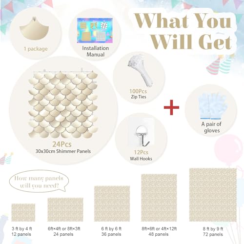 Image of Light Gold Shimmer Wall Backdrop - 24 Panels Sequin Disco Backdrop for Birthday, Wedding, Engagement & Mermaid Wall Decoration