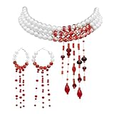 Perlenkette Blut, Halloween Kostüm Zubehör Damen mit Blutigen Perlenkette und Ohrringen, Verstellbare Blut Kette für Halloween und Karneval