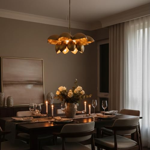 Image of KREATIVE ART'S Pendant Light & Chandelier - 22-Inch Golden Lotus Gold Hanging Lamp, Jhumar Style, Adjustable Height (24 inch-36 inch) for Living Room, Dining, Pooja Room & Balcony Decor (Bulb Included)