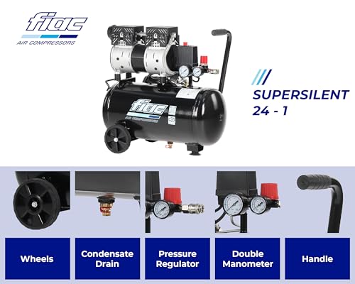 FIAC Geräuscharmer Mobiler Luftkompressor SUPERSILENT 24, Ölfrei, Maximaler Druck 8 Bar, 1 PS, 24-Liter-Tank, Geräuschpegel 58 dB LpA