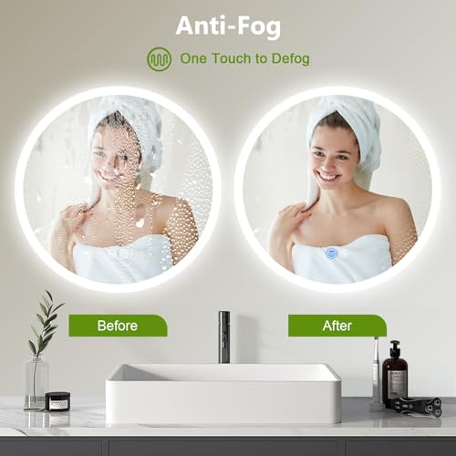 CROWNSHOP Bathroom Mirror with LED Lights, 50cm Round Illuminated Wall Mounted Makeup Mirrors with Touch Sensor Switch & Anti-Fog, 3 Lighting Modes, Dimming, Vanity Mirror - Cosy Home Interiors CROWNSHOP Bathroom Mirror with LED Lights, 50cm Round Illuminated Wall Mounted Makeup Mirrors with Touch Sensor Switch & Anti-Fog, 3 Lighting Modes, Dimming, Vanity Mirror - Image 4