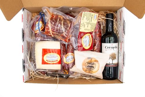 Montel Lenço, cesta Gourmet com vinho, variedade de enchidos naturais com salchichão, cinzeiro, lombo, queijo, vinho tinto, picos. Ideal para , presente, cesta de natal