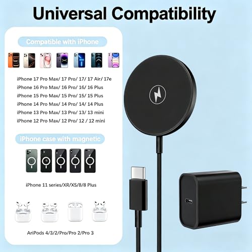 Magnetic Wireless Charger Apple Mag-Safe Charger,[Apple MFi Certified] iPhone Charger Block&15W 3FT Wireless Charging Pad for iPhone 17 Pro Max/17 Pro/17 Air/17/16/15/14/13/12,AirPods Pro 3/2(Black) - image 4