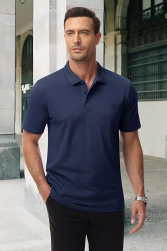 MAGCOMSEN Mens Polo Shirts with Pocket Cotton Pique Short Sleeve Collared Shirt Moisture Wicking Golf Shirts 3-Button Shirts2