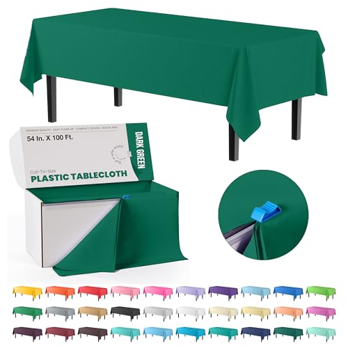 Image of Exquisite Party Solids 54 Inch X 100 Feet Dark Green Plastic Table Cover Roll in A Cut - to - Size Box with Convenient Slide Cutter. Cuts Up to 12 Rectangle 8 Feet Plastic Disposable Tablecloths