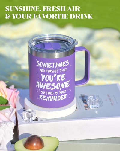 avodvo Inspirational Coffee Mug for Women, 12oz Insulated Stainless Steel Mug with Handle & 2 Lids – Sometimes You Forget You’re Awesome, Birthday & Appreciation Gift for Friend, Coworker, Purple - image 5