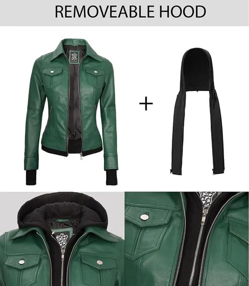 Image of Womens Leather Jacket with Detachable Hood - Real Lambskin Bomber Jacket Thumbholes Women