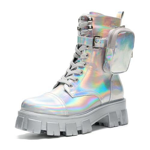 Cape Robbin Womens Platform Combat Boots - Lace Up Chunky Ankle Booties with Built-in Zippered Pouch Side Zipper Lug Sole Buckle Strap (Monalisa) Holographic 9