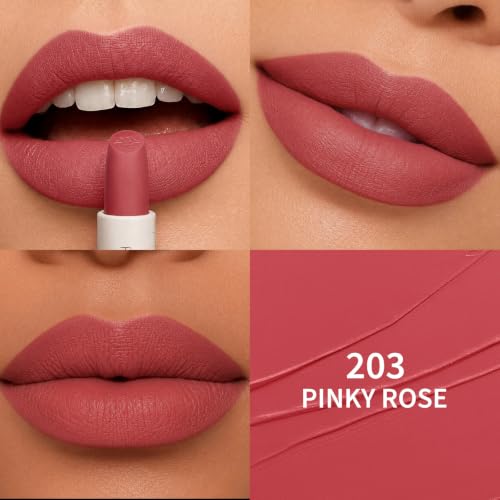 Image of FOCALLURE Pink Matte Lipstick - Hydrating, Non-Drying, Full Coverage 203 | Moisturizing Formula with Jasmine & Rose Oil, Silky Smooth, Waterproof, Non-Sticky, Long-Lasting, 8 Shades Available