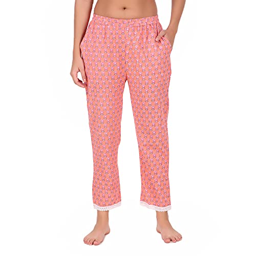 Image of Soulful Threads Women Peach Kantha Work Floral Printed Cotton Lounge Pant (ST152959)