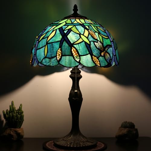 Image of Tiffany Table Lamp Stained Glass Reading Lamp Green Dragonfly Style