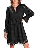 Dokotoo Womens Dresses 2025 Cotton Long Sleeve Tassel V Neck Short Black Dress A Line Hollow Out Lace Ruffle Cute Dress Elegant Casual Beach Party Dresses Small