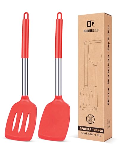Pack of 2 Silicone Solid Turner, Non Stick Slotted Kitchen Spatulas, High Heat Resistant BPA Free Cooking Utensils, Ideal Cookware for Fish, Eggs, Pancakes(Red)