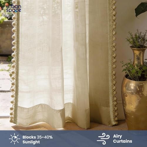 Image of Urban Space Sheer Solid Curtain for Door, 35-40% Room Darkening Curtain with Tieback and Eyelet Hanging Style, Set of 1 Decorative Curtains for Home Decor (Taupe with pom pom, 7 feet)