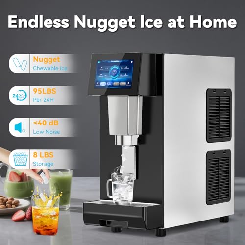 Image of Nugget Ice Maker Machine Countertop, Ice /Water /Ice & Water Optional, 95LBS /24H Soft Pellet Crushed Chewable Ice Machine with Self-Cleaning for Home Office Kitchen Party RV