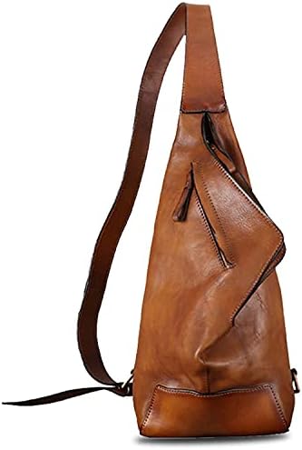 IVTG Genuine Leather Sling Bag for Men Crossbody Casual Hiking Daypack Vintage Handmade Chest Shoulder Backpack Motorcycle Bag (Brown)