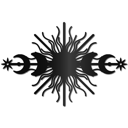 CREATCABIN Décoration Murale Métal Soleil Art Mural Fer Phase Lune Sculpture Creuse Noire Décor à Suspendre Panneau Mural Rustique Décoration pour Salon...