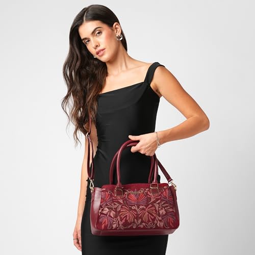 Image of Caprese Siji Tresana Large Satchel Bag for Women | Kashida Embroidery Handbag with Adjustable & Detachable Strap & 3 Spacious Compartments | Stylish Handheld Bag for Work, Travel & Everyday Use
