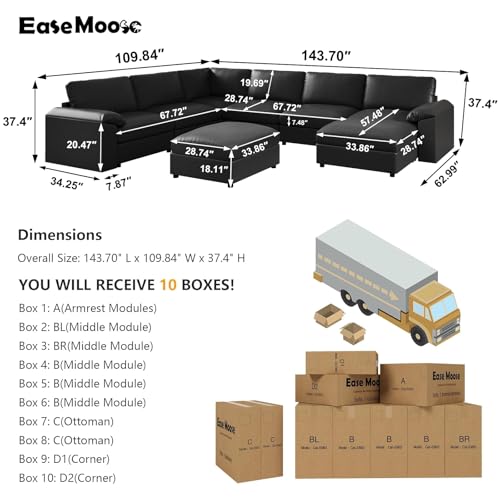 Image of EASE MOOSE Faux Leather Sectional Couch with Ottoman, Oversized Modular Sofa, Vintage Comfy Modular Couch, Scratch Resistant Material Sofas, U Shaped Couch for Living Room, Black