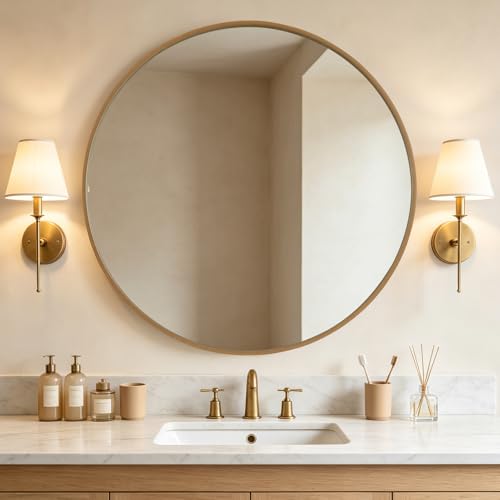 Image of WallBeyond Round Wood Mirror, 40 inch Round Modern Decoration Large Circle Wall Mirror for Bathroom Living Room Bedroom Entryway, Natural