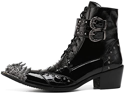 Santimon Mens Genuine Leather Ankle Oxfords Boots with Dragon Metal Pointed Toe – Gothic Punk Double Buckle Lace-Up Studded High Top Cowboy Western Boots for Stage, Party, Clubwear, Bar2