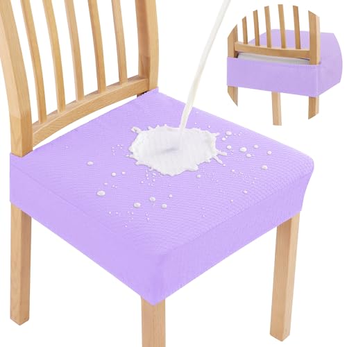 Image of Smiry Waterproof Seat Covers for Dining Room Chairs, No Rear Covers | Stretch Jacquard Removable Washable Chair Seat Slipcovers Protector, Set of 6, Lavander