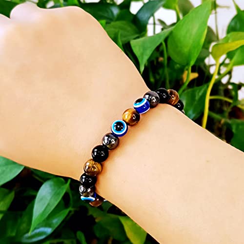 Evil Eye with Hematite Black Obsidian Tiger Eye Stone Triple Protection Bracelets for Men Women, Crystal Jewelry Stone Bracelets Bring Luck and Prosperity and Happiness4