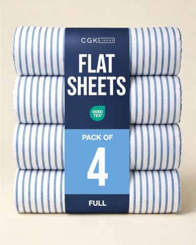 Full Size Flat Sheet - Pack of 4 Top Flat Bed Sheet Only - Blue Stripes