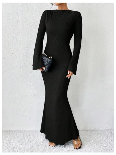 Image of GORGLITTER Women's Bell Long Sleeve Cocktail Maxi Dress Crew Neck Bodycon Fishtail Casual Long Dresses