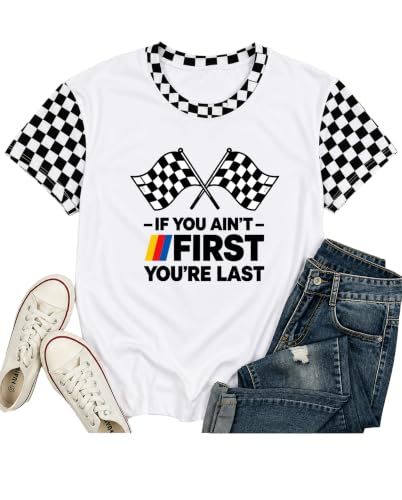 IsPICK Start Your Engines Shirt for Women Racing Car Checkered Graphic Tees